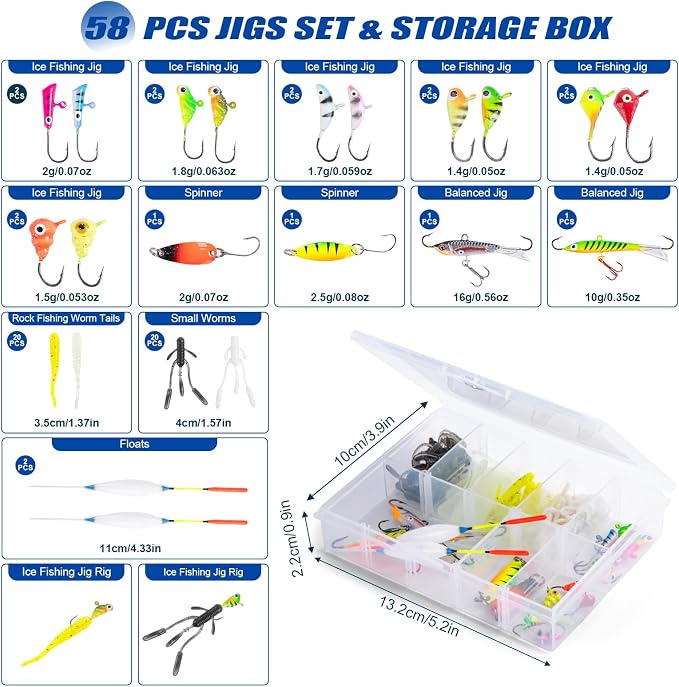 Goture Ice Fishing Rod and Reel Combo with Carry Bag, 24''Medium Spinning Ice Fishing Pole, 58Pcs Jigs & Lures with Storage Box, Line,Fish Gripper, Pliers and Tools for Trout Bass Walleye