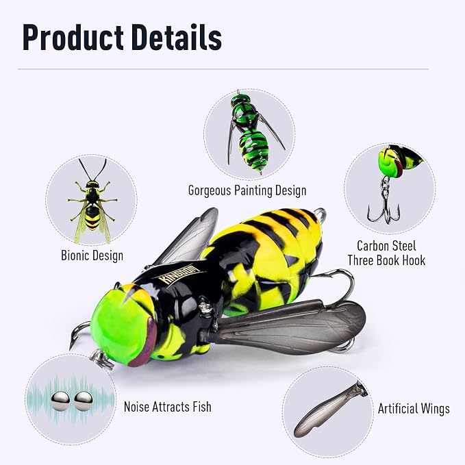 Kingdom Wasp Craw Bait Insect Bionic Floating Fishing Lures Swimbaits Hard Artificial Baits Lure for Freshwater and Saltwater Bass Carp Pike Walleye Fishing ABS Material Carbon Steel Three Book Hook