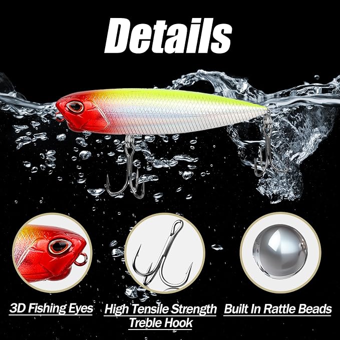 Spook Fishing Lures Top Water Fishing Lures for Saltwater Freshwater with High Carbon Steel Fishing Hooks for Trout Pike Walleye FS/YE-11