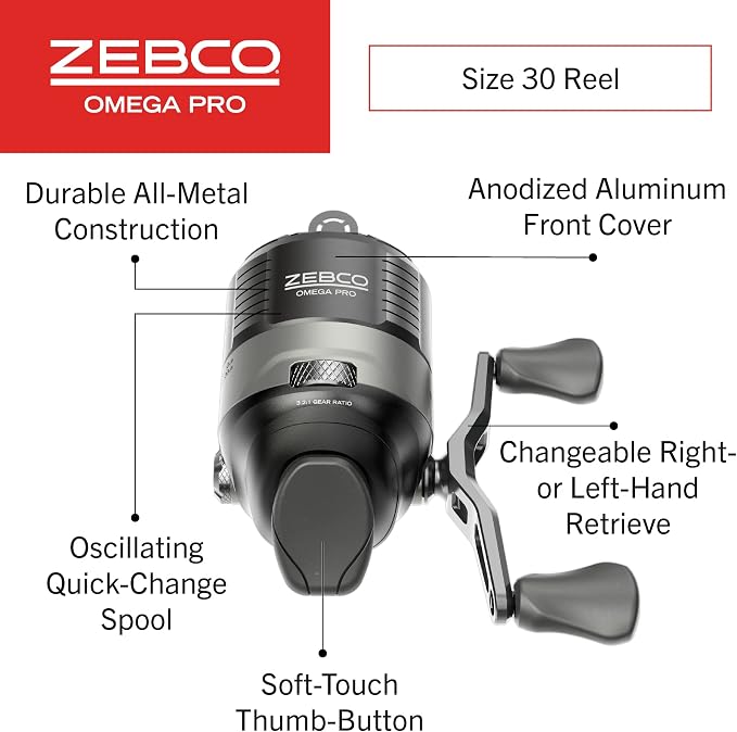 Zebco Omega Pro Spincast Reel and Fishing Rod Combo, 6-Foot 2-Piece IM6 Graphite Fishing Pole, Split MaxTac Grip Rod Handle, Size 30 Reel, Pre-spooled with 10-Pound Line