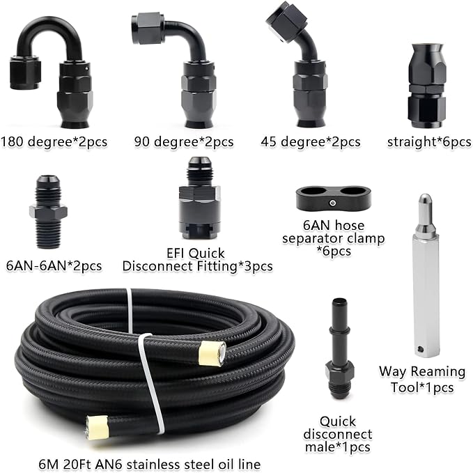 6AN PTFE Fuel Line Kit, 5/16" Nylon Stainless Steel Braided, LS Swap EFI E85 Injection Fuel Hose Fitting 20FT