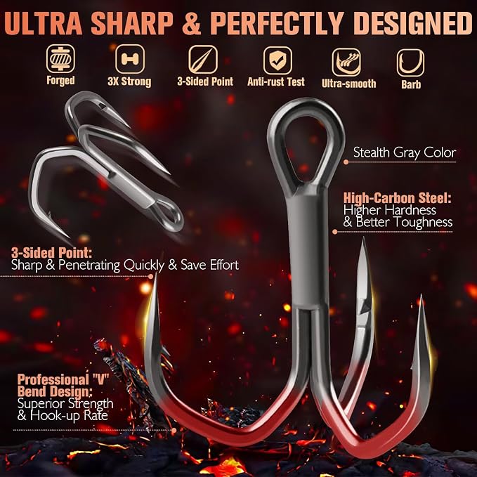 Dovesun Fishing Treble Hooks, Triple Hooks 3X Strong Professional V, 50PCS High Carbon Steel Replacement Fishing Hooks for Saltwater and Freshwater, Sizes #10#8#6#4#2