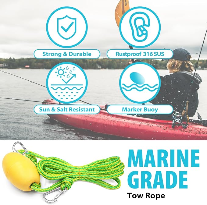 Obcursco Kayak Tow Line,Drift Sock Anchor Rope for Fishing Boat,Buoy Float Docks for Lake Jet Ski Boat Accessories (12-20FT)