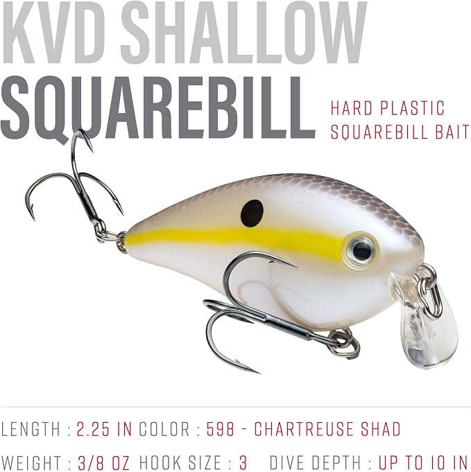 Strike King KVD 2.25 Shallow Fishing Lure, Shallow Running Squarebill Crankbait, Chartreuse Shad, 3/8-Ounce