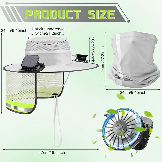 Solar Hat with Fans, Wide Brim Cooling Sun Hat with Removable Dual Fans USB Charging Neck Cover for Outdoor Fishing