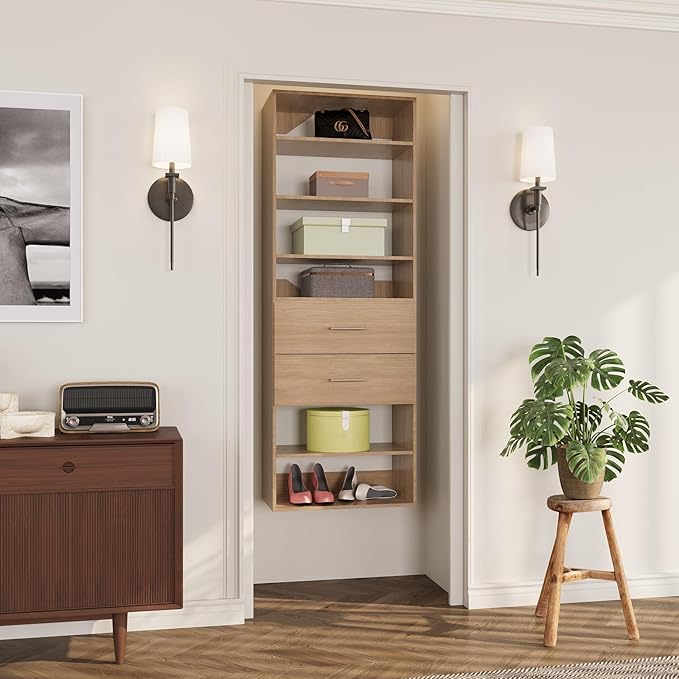 ROOMTEC Modular Closet System, 25.5" 2 Drawer Shelf Closet Tower Wall-Mounted Closet Organizer, Wooden Tower for Walk-In Closets, Wardrobe Storage Kit, Wood