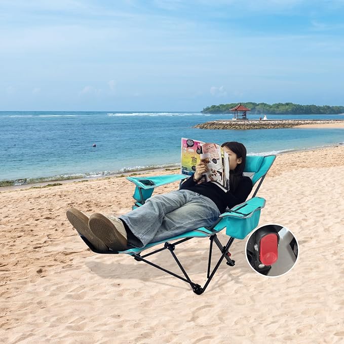 Reclining Camping Chair 4 Position with Foot Rest Comfortable for Adults 265Ibs Folding Lounger Mesh Beach Chair with Cooler Bag and Cup Holder for Outdoor Patio