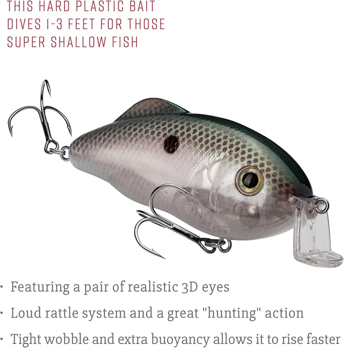 Strike King Hybrid Hunter Shallow Jr. Fishing Lure, Shallow Diving Crankbait, 90-Degree Bill, 3D Eyes, Loud Rattle, Dives 1 to 3-Feet,Size 4 & 6 Treble Hooks