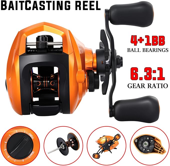 Sougayilang Baitcasting Fishing Reel, 8:1 High Speed Gear Ratio Super Smooth and Powerful Low Profile Baitcaster Reel with Maganic Brake System for Freshwater,Saltwater