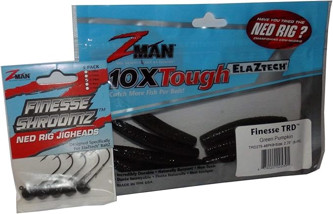 Ned Rig Kit - Z-Man Finesse T.R.D. 8pk + Finesse Shroomz Jig Heads 5pk (Green Pumpkin) + How to Fish The Ned Rig Guide