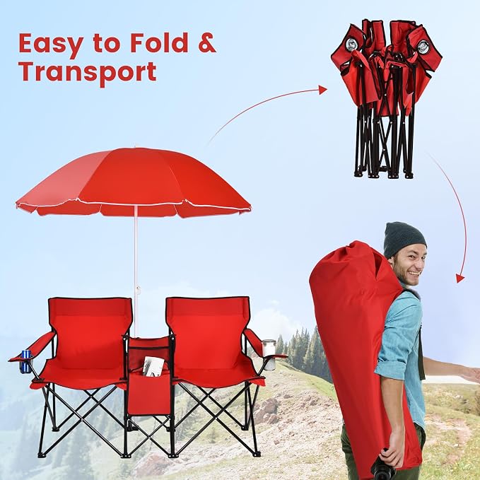 Tangkula Double Camping Chairs with Umbrella, Portable 2 Seat Folding Camp Chair with Cooler Bag, Beverage Holder, Carrying Bag, Foldable Lawn Chair for Outside, Fishing, Picnic, Beach