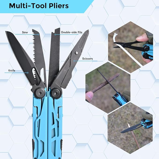 Multitool with Pocket Knife, 25-in-1 Stainless Steel Pliers and Screwdriver, Self-locking Multi-tool EDC Gear with Sheath, Suitable for Camping and Hiking (Powderblue)