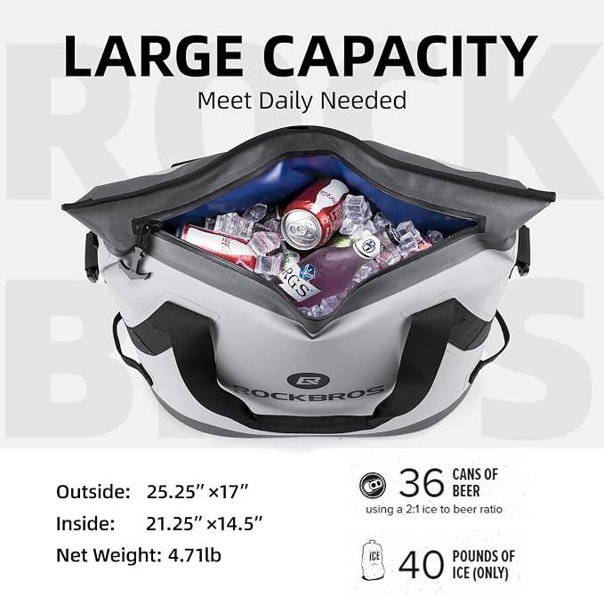 ROCKBROS Soft Cooler Insulated Leak Proof Cooler Bag Portable 36 Can Large Soft Sided Coolers Waterproof Insulated Pack Cooler for Travel, Beach, Camping, Picnic, Lunch, Fishing, Floating, Party