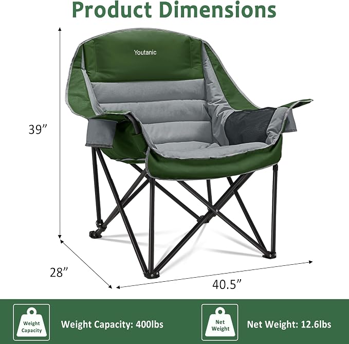 Youtanic Oversized Extra Large Padded Camping Chair, up to 400lbs, Folding Camping Chairs with Side Pocket, Carry Bag, Heavy Duty Outdoor Camp Chairs for Adults, Fishing, Sports, Trip, Gray-Green