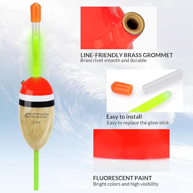 QualyQualy Lighted Fishing Slip Bobber 4-5Pcs Wood/EVA Fish Float + 8-10Pcs Glow Sticks, Night Fishing Light Up Slip Bobber for Crappie Bass Panfish Catfish Walleye