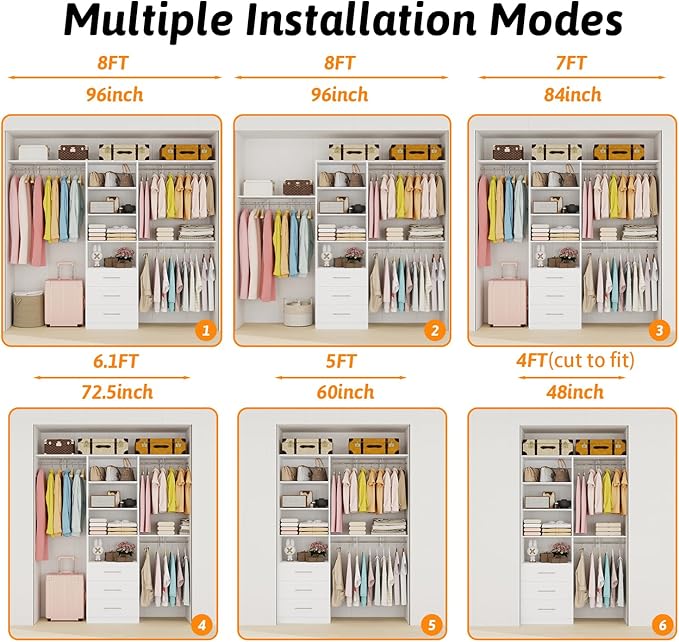 Closet System with Drawers, 5FT-8FT Closet Organizer System with 3 Side Top Shelves(Cuttable) & 3 Expandable Hanging Rods, 96" Walk in Closet Storage Shelving System, Walk in Closet System, White
