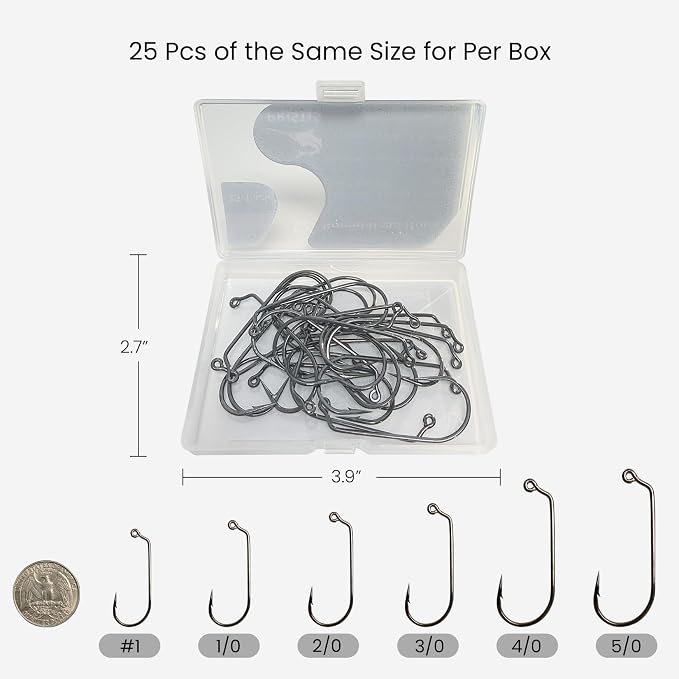Pristis 25 Pack High Carbon Steel Fishing Hooks, Reinforced EWG Circle Octopus Round Bend 60 Degree Wide Gap Strong Barbed Worm Fish Hook Jig Bait Rig for Saltwater Freshwater Bass Tuna Walleye Trout