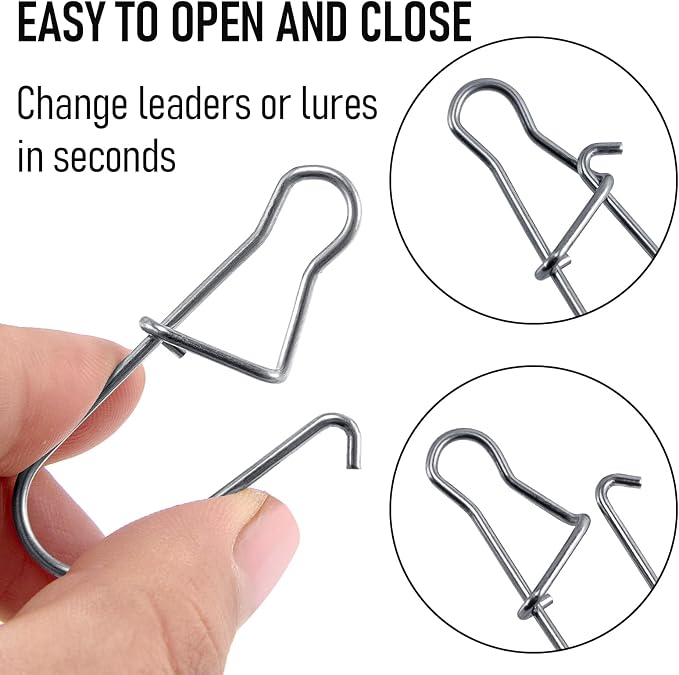 Alownder 100-Pack Fishing Snaps Duo Lock Snaps Kit, 37-183LB Stainless Steel Lure Snap Speed Quick Change Clips, 1-8# High Strength Fast Snap Swivels Hooks Lures Connector Set Freshwater Saltwater