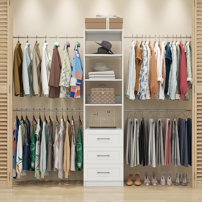 Closet System, 5FT-9FT Closet Organizer System 114.9" Walk in Closet Storage System with 3 Wooden Drawers 4 Expandable Hanging Rods, Wall Mount White