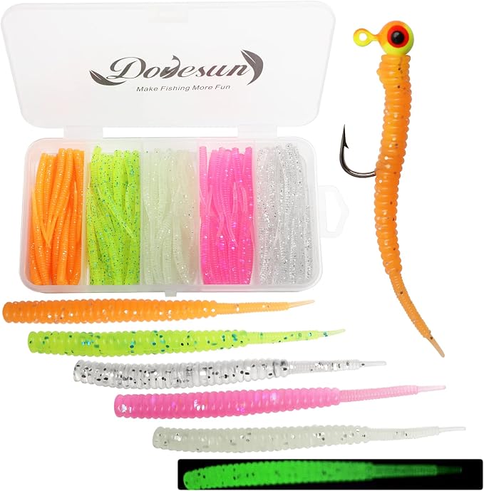 Dovesun Crappie Lures Kit Fishing Soft Plastic Lures Crappie Walleye Trout Bass Fishing Baits Fishing Grub Worms Minnow Paddle-Tail Split-Tail Grub Swimbaits 50-100Pcs with Tackle Box