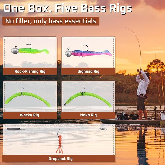 59Pcs Bass Fishing Tackle Box Kit, 5 Rig System Pre-Rigged Rock-Fishing, Jigheads, Neko, Wacky, Dropshot Rigs, Fishing Gifts for Men, Assorted Kit