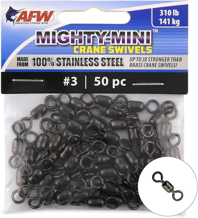 AFW American Fishing Wire Fishing Swivels - Mighty Mini 100% Stainless Steel Crane Swivels, 3X Stronger Than Brass, for Terminal Tackle Box, Up to 600lb Test - Fishing Gear for Fishing Line Leaders