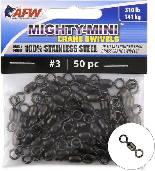 AFW American Fishing Wire Fishing Swivels - Mighty Mini 100% Stainless Steel Crane Swivels, 3X Stronger Than Brass, for Terminal Tackle Box, Up to 600lb Test - Fishing Gear for Fishing Line Leaders