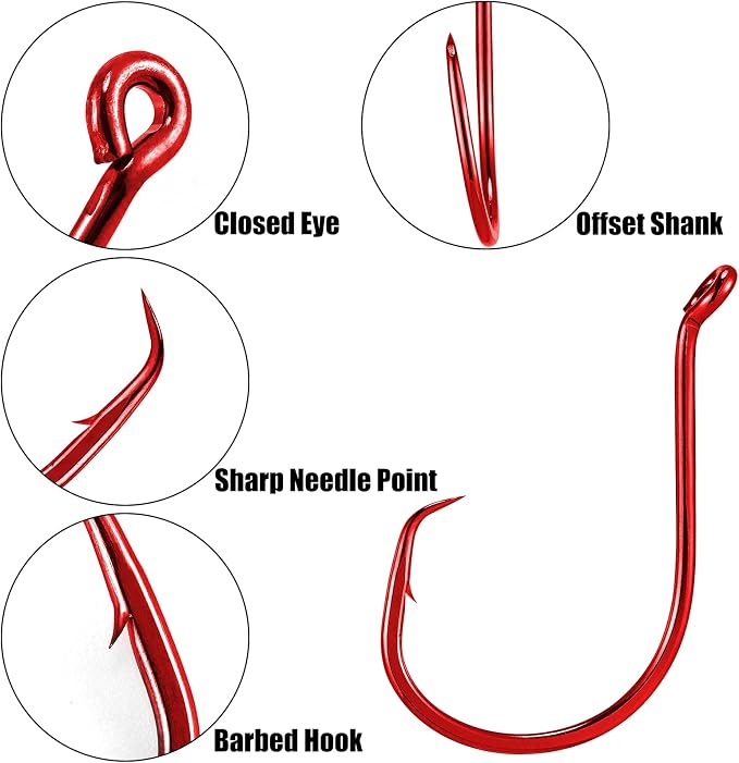 Dr.Fish 100 Pack Octopus Circle Hooks, Saltwater & Freshwater Fishing Hooks, #8-#10/0, Offset, Catfish, Tuna, Striper, Snapper, Bass Fishing