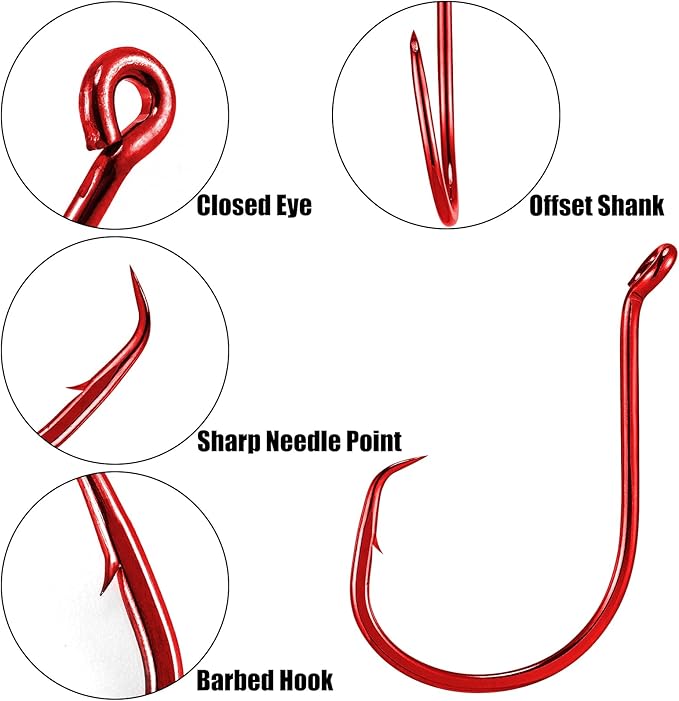 Dr.Fish 100 Pack Octopus Circle Hooks, Saltwater & Freshwater Fishing Hooks, #8-#10/0, Offset, Catfish, Tuna, Striper, Snapper, Bass Fishing