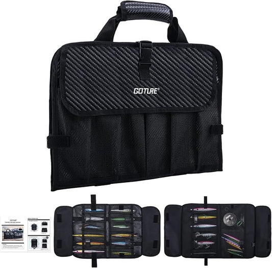 Goture Fishing Jig Bag,20 Mesh Pockets Portable Water-Resistant 600D PU Fishinig Lure Bag Saltwater Freshwater Suitable For Max 10" Length Vertical Jig Slow Pitch Jigging Bait Storage (16.92"x11.81")
