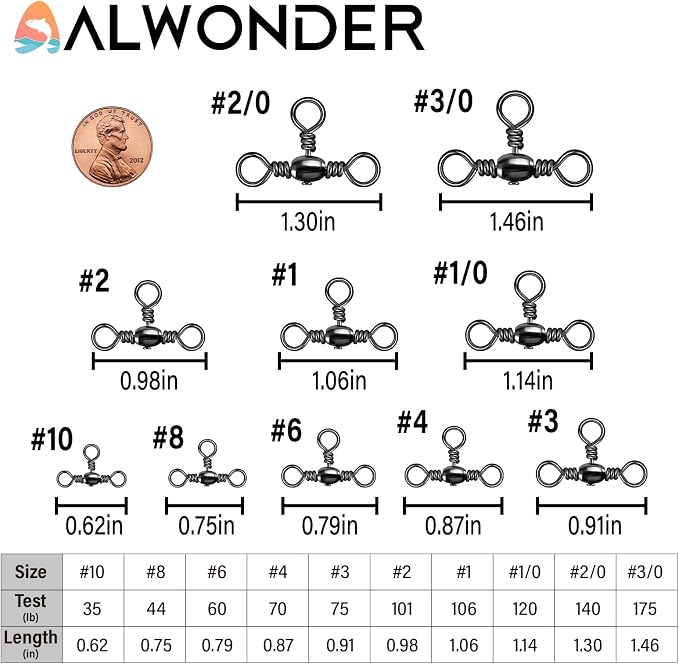 Alwonder 50-Pack 3 Way Swivels Fishing Tackle High Strength Stainless Steel Barrel Swivels 35-175LB Three Way Swivel for Saltwater Freshwater Catfish Rigs Surf Fishing Rigs