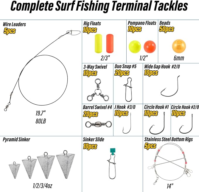 Dr.Fish 269 Pieces Surf Fishing Tackle Box Kit, Saltwater Ocean Beach Fishing Gear Supplies, Lure&Rig Accessories, Bucktail Jigs Saltwater Lures Walking Bait Surf Casting Pyramid Sinkers