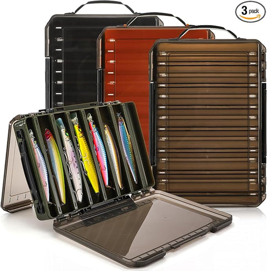 Noamus 3 Pack Double Sided Fishing Lure Boxes, 14 Compartments Fishing Tackle Organizer with 2 Buckle, Plastic Clear Storage Case, Visible Hard Bait Container for Jewelry Beads Earring Hook(3 Color)
