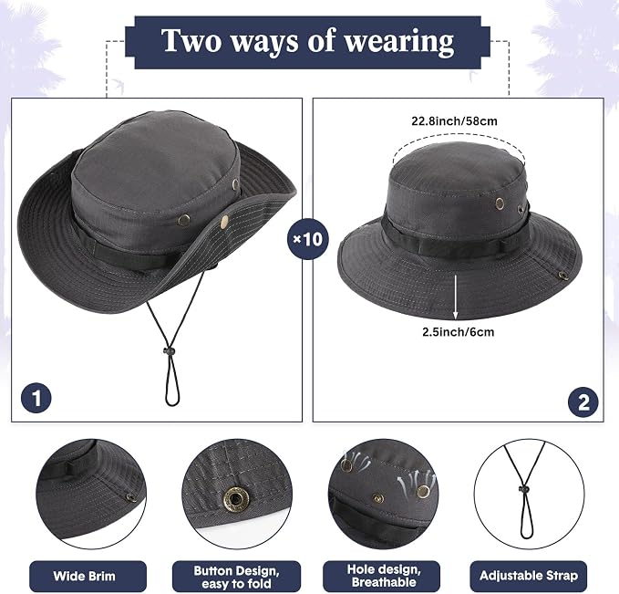 Xtinmee 10 Pcs Bucket Hat Bulk Safari Hat Wide Brim Boonie Hiking Fishing with Chin Strap for Women Men Adult Summer