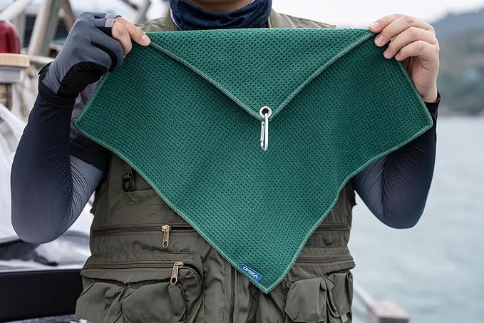Microfiber Fishing Towels with Clip, Waffle Pattern for Effective Cleaning of Fishing Gears or Dirty Hands, 16” x 16”, Camping Towels, Hiking Towels, Pack of 3 (Green)