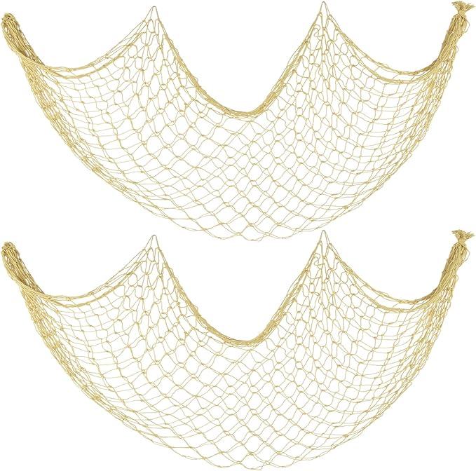 2 Pack Decorative Fishing Net, 5x10 ft Large Yellow Fish Net to Hang Stuffed Animals, Decor Net for Nautical Beach Mermaid Theme Birthday Party, Baby Shower, Drape Tables, Balloon Holder