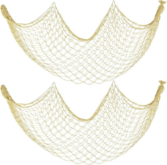 2 Pack Decorative Fishing Net, 5x10 ft Large Yellow Fish Net to Hang Stuffed Animals, Decor Net for Nautical Beach Mermaid Theme Birthday Party, Baby Shower, Drape Tables, Balloon Holder