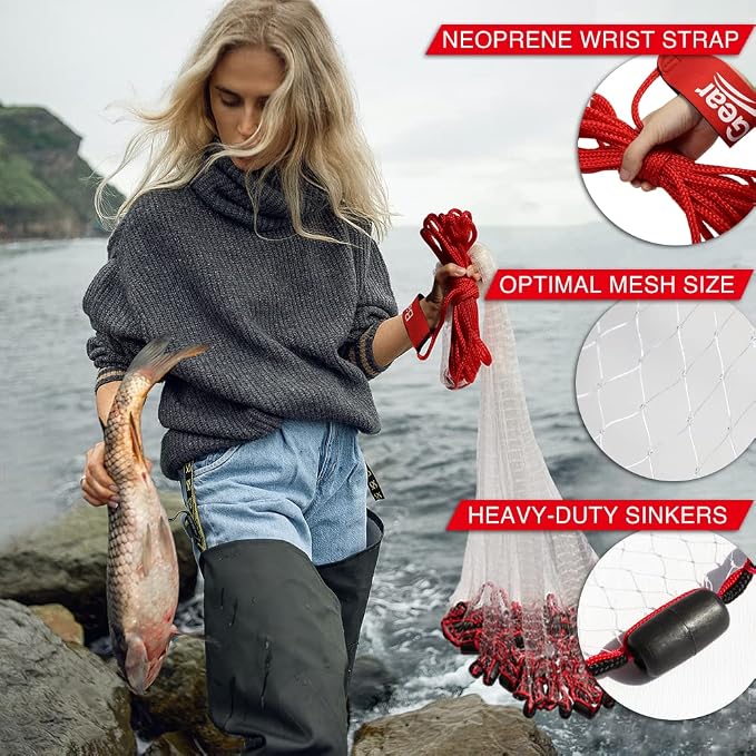 BasicGear Cast Net | 3ft-12ft Radius, 3/8 or 1/4 inch Mesh for Freshwater and Saltwater Bait Fish| Professional Grade and Upgraded Material | Throw Style