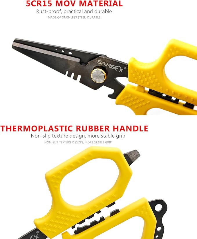SAMSFX Fishing Braid Line Scissors Shears with Titanium Coating and Dual-Serrated Blade, Kraton Handle, Arrives with Hard Sheath and Coiled Lanyard (Yellow Kraton Handle)