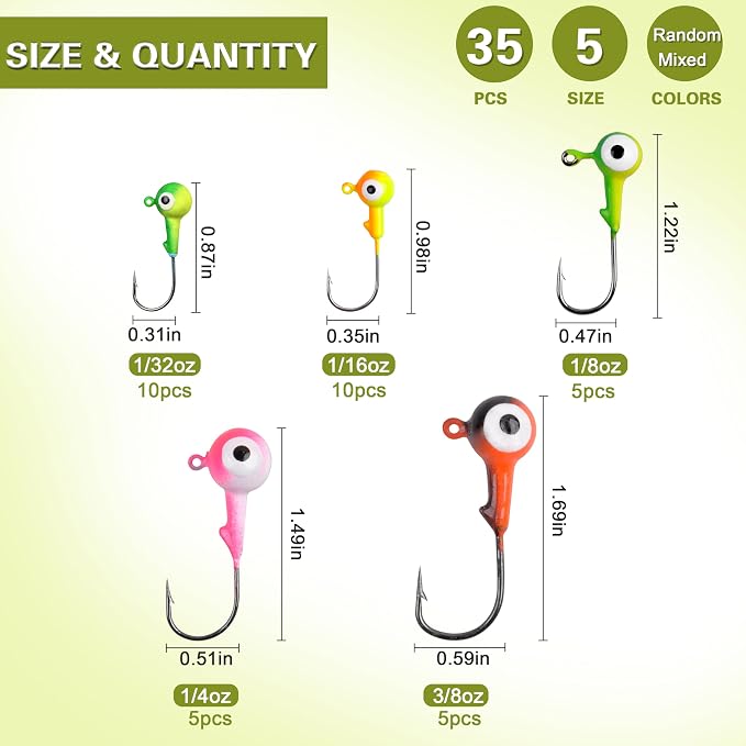 AGOOL Fishing Jig Heads Hooks Kit, 35/60pcs Round Ball Jig Heads Fishing Lures Crappie Jig Heads for Soft Plastic Baits Bass Trout Soft Worm Shrimp Lures Freshwater Saltwater