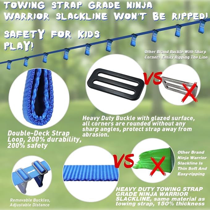 Rainbow Craft Ninja Warrior Obstacle Course for Kids - 50ft Slackline, 12 Removable Buckle Loops, 12 Ninja Attachments, Outdoor Training Equipment