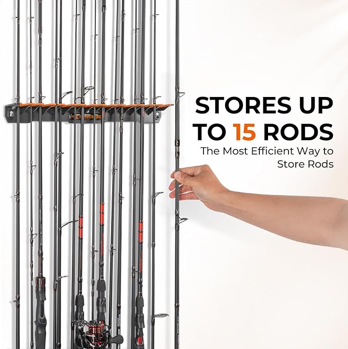 KastKing V15 Vertical Fishing Rod Holder – Wall Mounted Fishing Rod Rack, Store 15 Rods or Fishing Rod Combos in 17.25 Inches, Great Fishing Pole Holder and Rack