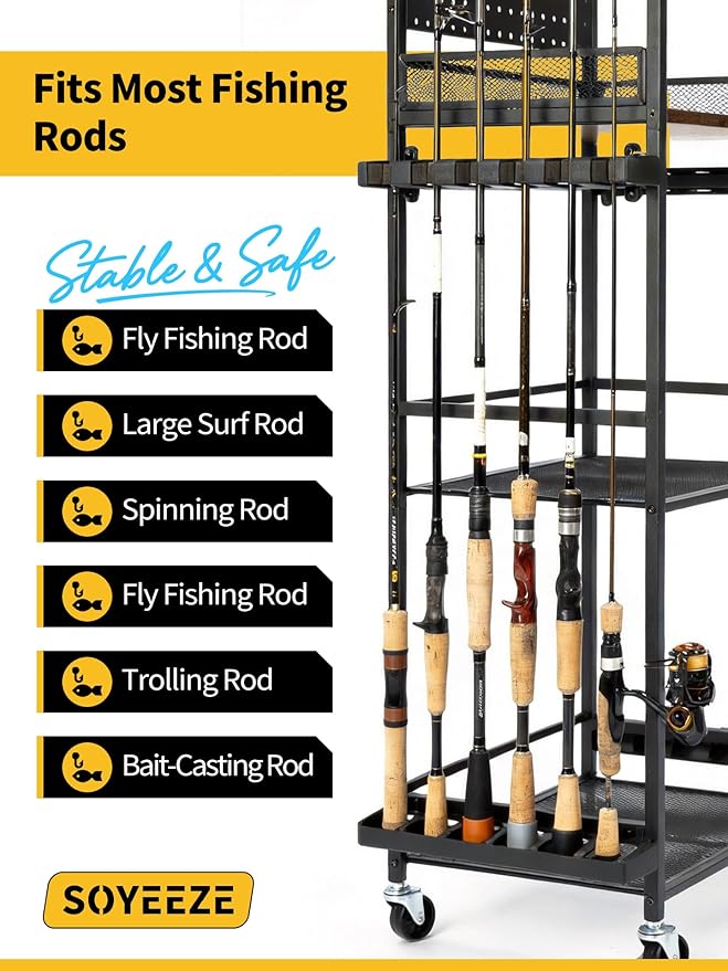 SOYEEZE Fishing Rod Holders for Garage with Pegboard and Lockable Wheels, 3-Tier Fishing Pole Rack with 10 Hooks, Fishing Gear Tackle Box Organizer Up to 12 Rods, Rolling Fishing Storage Cart