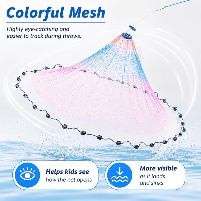 Fishing Cast Net for Kids, Colorful Throw Net for Freshwater & Saltwater, Eco-Friendly Lead Weights, 3/8inch Mesh Size, 0.8/LB Per ft, 3/4.5 Ft Radius Casting Net