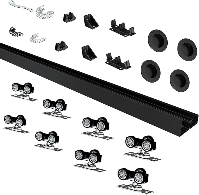 JUBEST 8FT/96" Bypass Door Hardware,Heavy Duty Aluminum Sliding Closet Door Hardware Set with Finger Pulls for 4 Doors System,Sturdiness and Smoothly,Easy to Insatll,Black