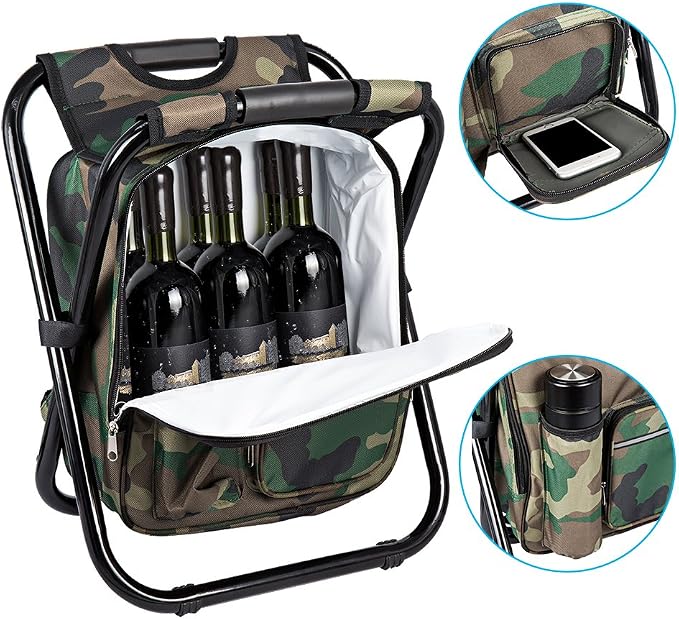 FCFKUK Bright starl Multifunction Folding Cooler and Stool Backpack, Hiking Camouflage Seat Table Bag Camping Gear for Outdoor Indoor Fishing Travel Beach