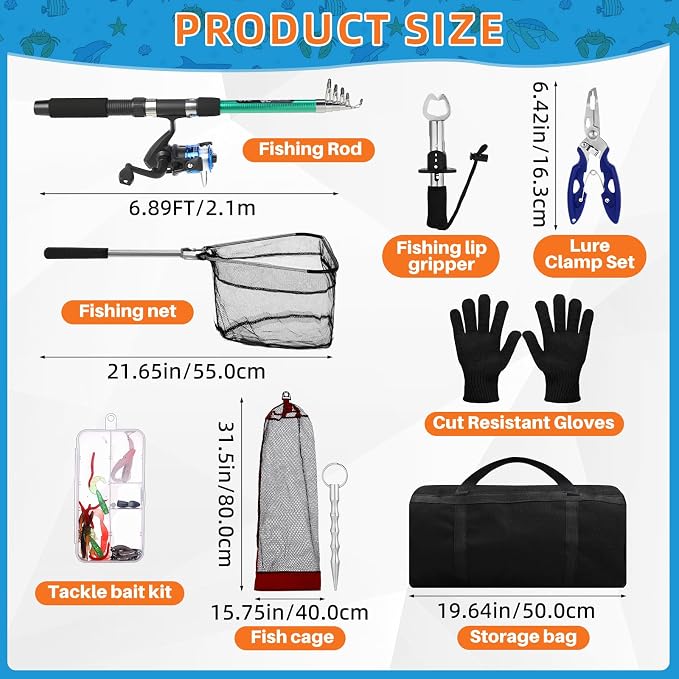 MiniInflat Telescopic Fishing Rod and Reel Combo, 6.89ft 2pcs Collapsible Rod with Plier Lip Gripper Lures Carrier Bag Pre-Loaded Spinning Reel Saltwater Freshwater Fishing Pole Kit
