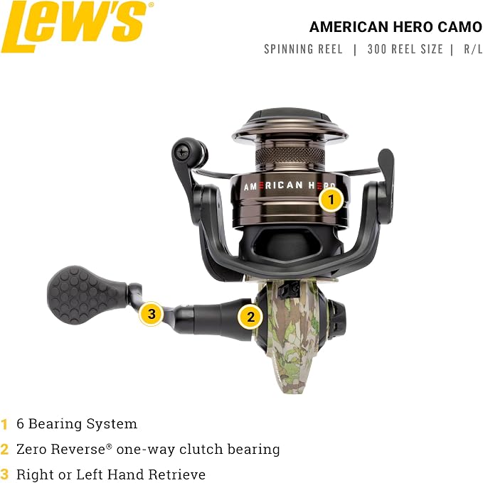 Lew's American Hero Spinning Fishing Reel, 5+1 Bearings, 6.2:1 Gear Ratio, One-Piece Graphite Frame, Oiled Felt Multi-Disc Drag, Interchangeable Retrieve, Black
