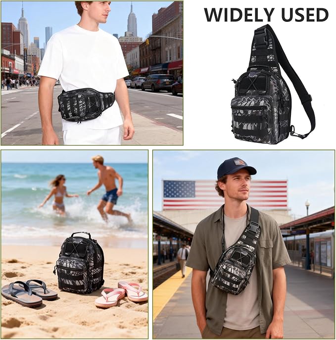 Fishing Backpack Small Fishing Tackle Storage Bag with 3 Methods of Carrying Large Capacity Sling Backpack for Outdoor Hiking Travel Hunting (Pythonskin Black)