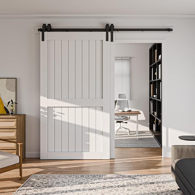4-14FT Bypass Sliding Barn Door Hardware Kit Single Track System Carbon Steel Basic Roller Hanger Easy to Install Fit Double 45" Wide Doors Panels (7.5ft Single Track Bypass)